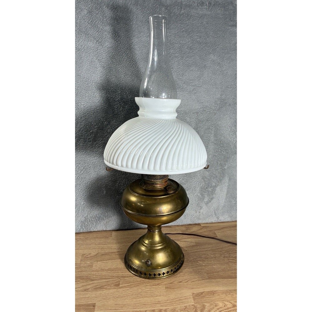 Vintage Brass Rayo Electrified Oil Lamp-Glass Chimney & White Milk Glass Shade
